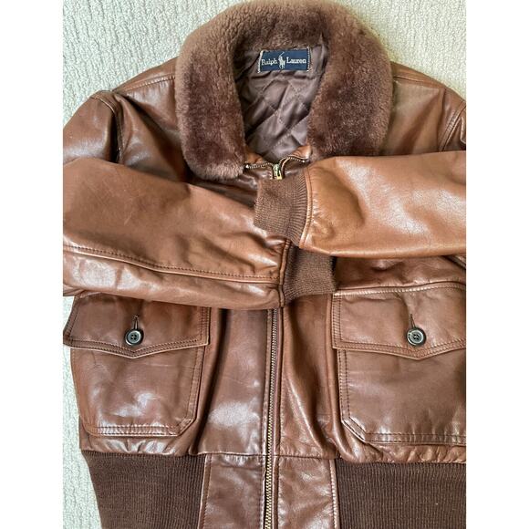Ralph Lauren Brown Bomber Aviator Jacket Womens 12 Vintage Shearling Collar - Picture 6 of 16